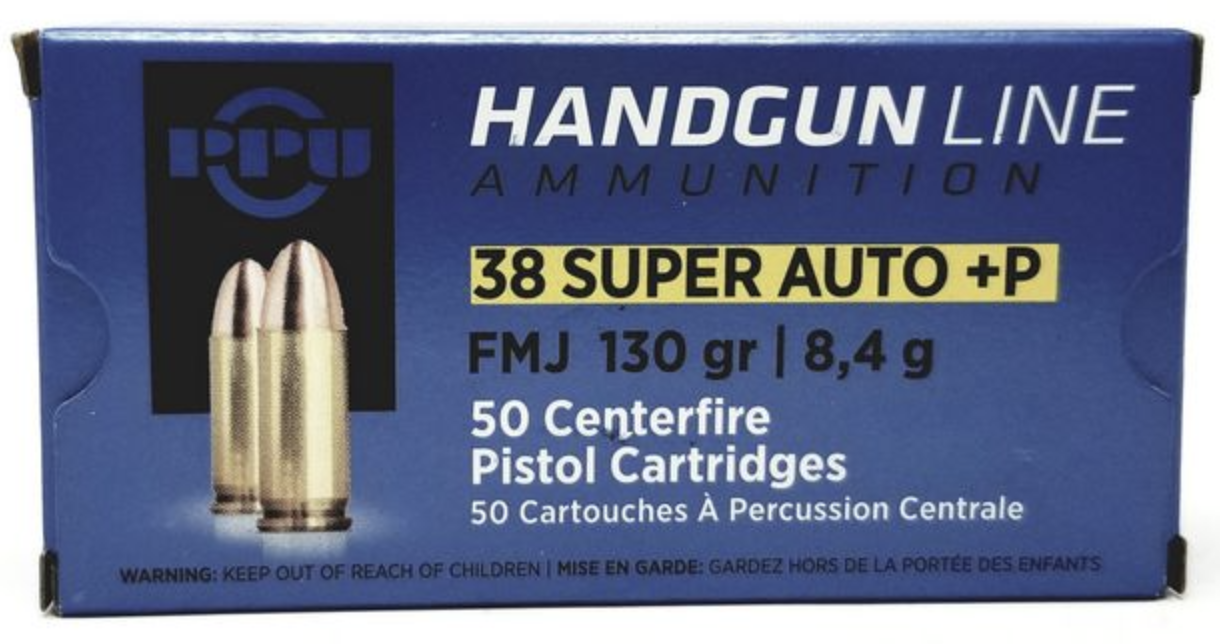 Box of .38 Super Auto +P handgun ammunition