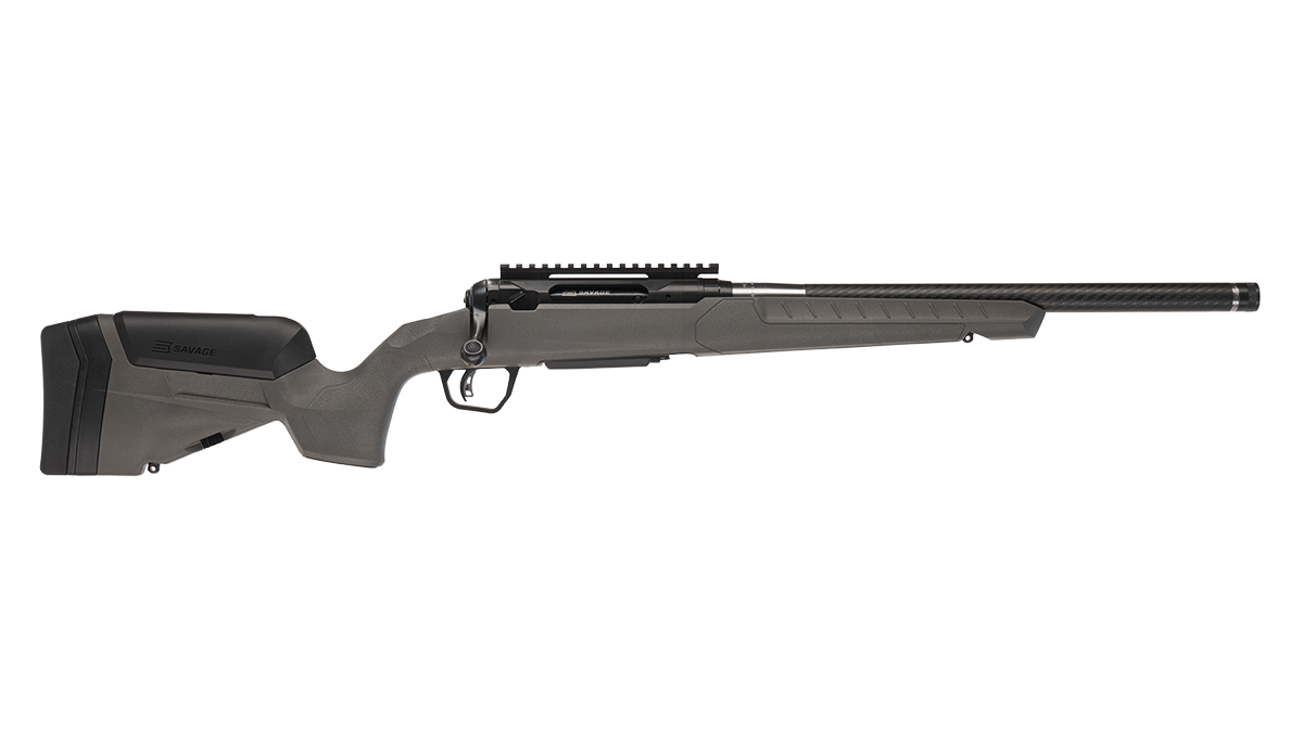 Bolt-action rifle with synthetic stock and scope rail