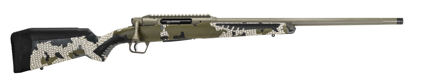 Camouflage bolt-action rifle with long barrel