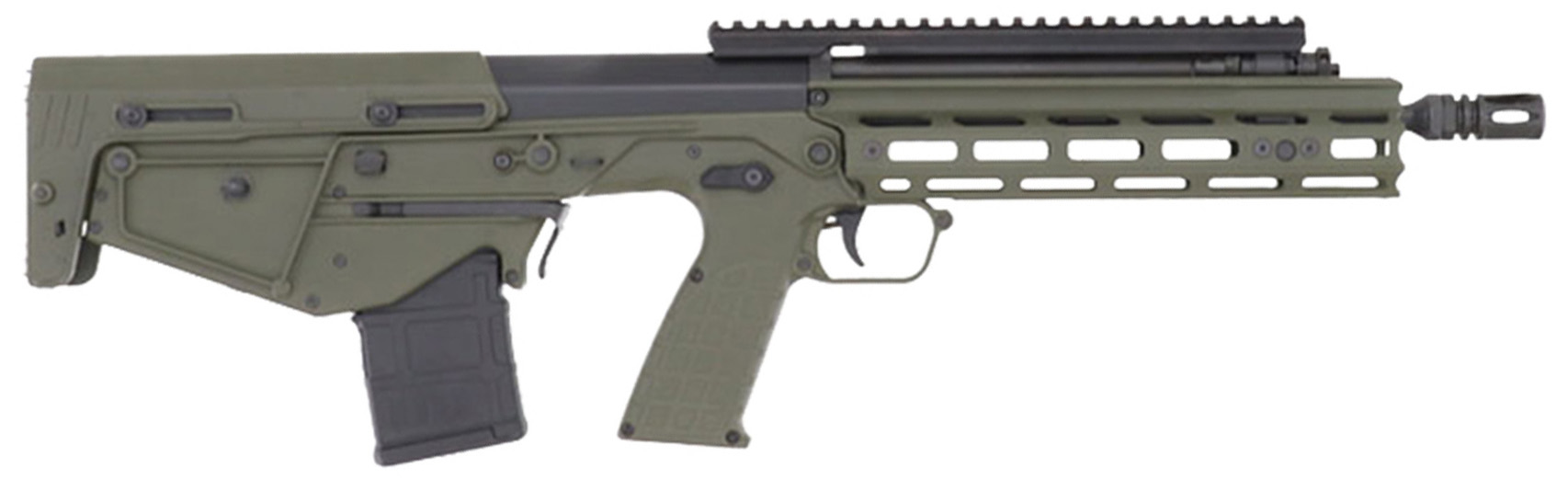 Green bullpup-style rifle isolated on white background