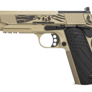 Tan and black engraved 1911-style pistol