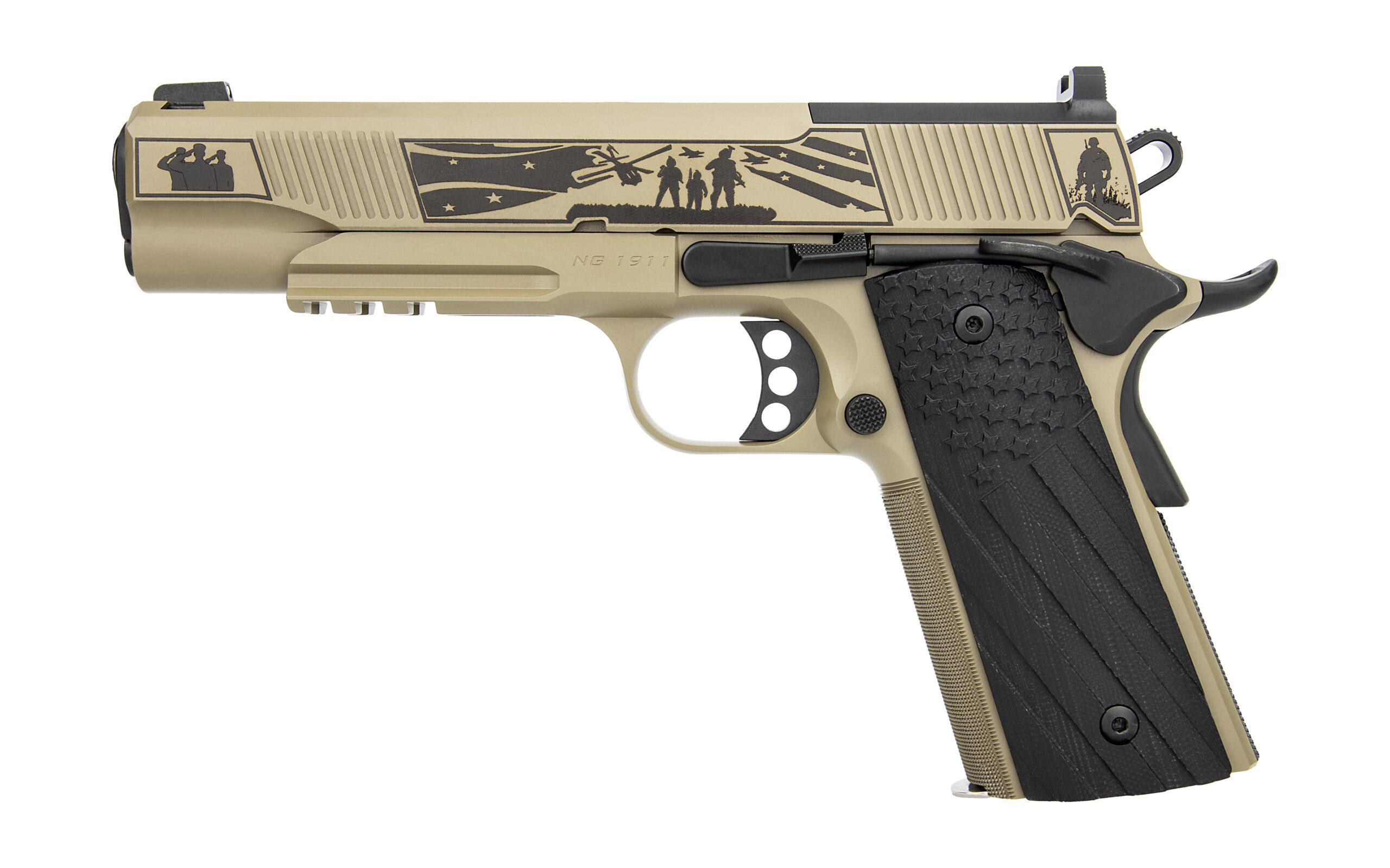 Tan and black engraved 1911-style pistol