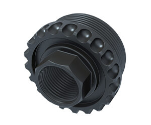 Black threaded metal locknut with hex center