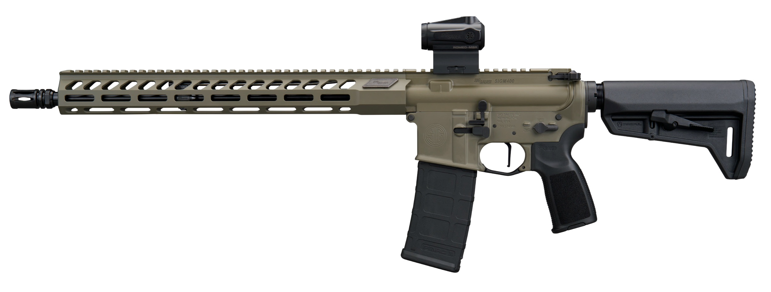 Tan and black AR-15 style rifle