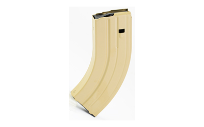 Tan curved rifle magazine on white background