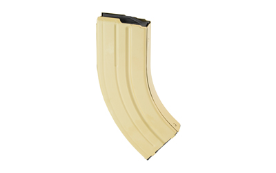 Tan curved rifle magazine on white background