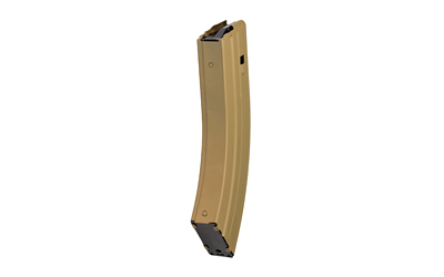 Tan curved rifle magazine on white background