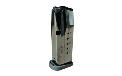 Metal handgun magazine with black base plate