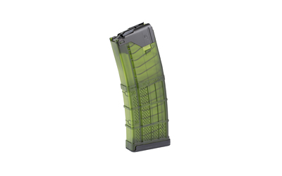 Translucent green rifle magazine on white background