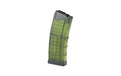Translucent green rifle magazine on white background