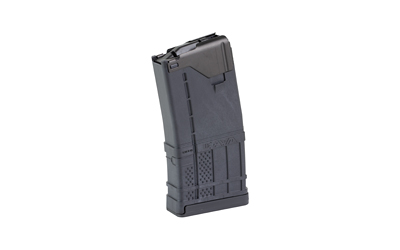 Black polymer rifle magazine on white background