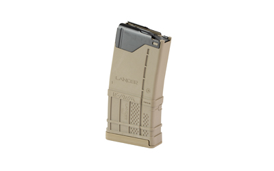Tan polymer rifle magazine on white background