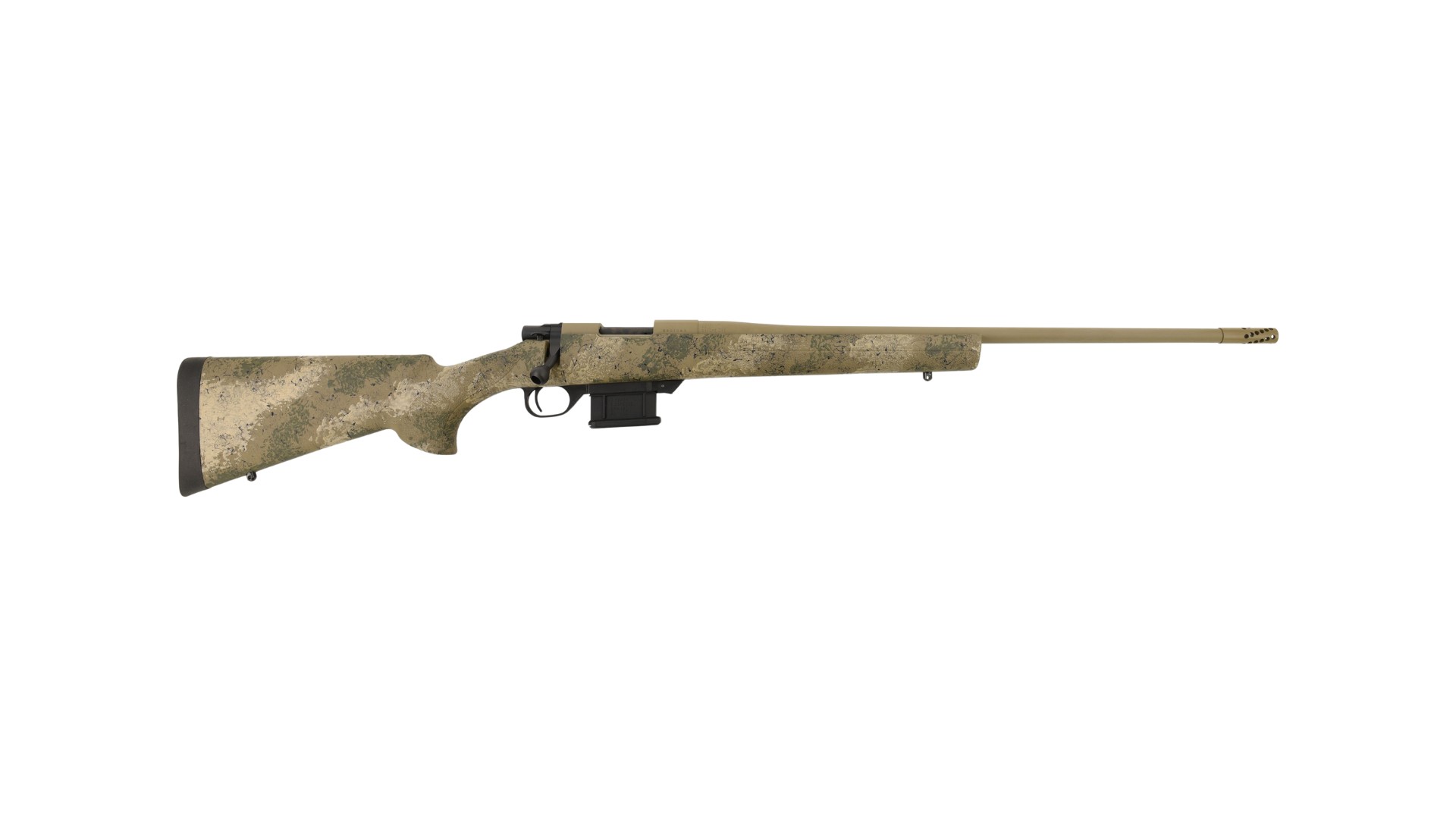 Camouflage bolt-action rifle on white background