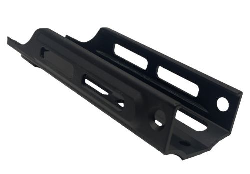 Black metal mounting bracket with cutouts