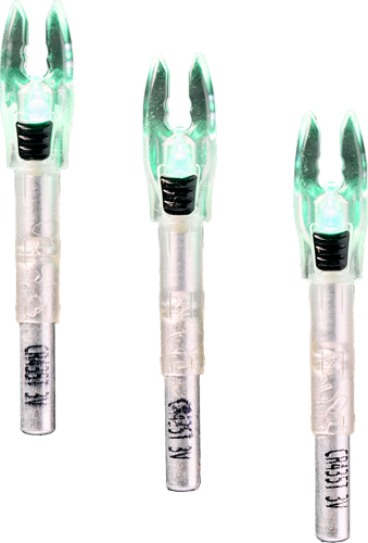 Three green illuminated arrow nocks on white background