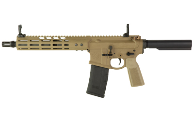 Tan tactical rifle with suppressor attached