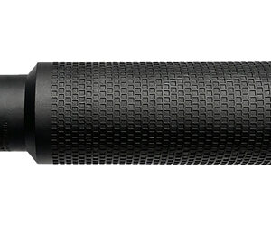 Black textured cylindrical metal handle on white background