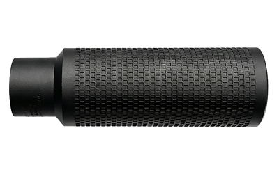 Black textured cylindrical metal handle on white background