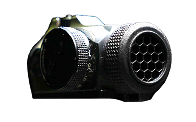 Close-up of black optical device with dual lenses