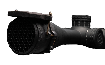 Close-up of rifle scope with honeycomb lens cover