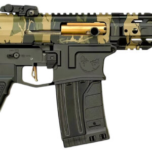 Camouflage tactical rifle with magazine and foregrip