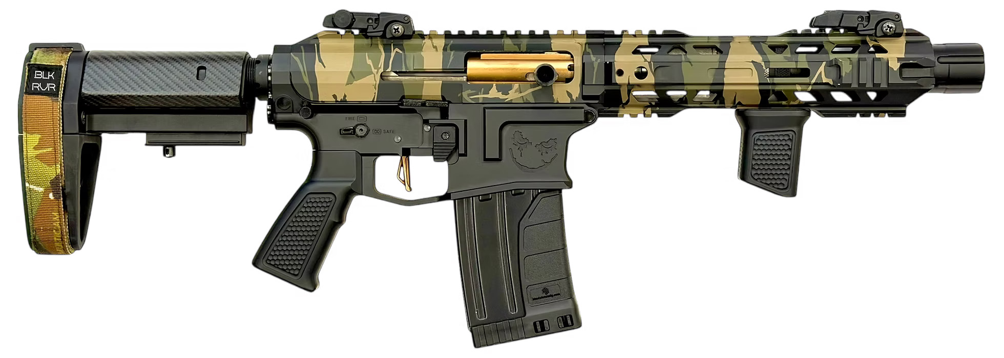 Camouflage tactical rifle with magazine and foregrip