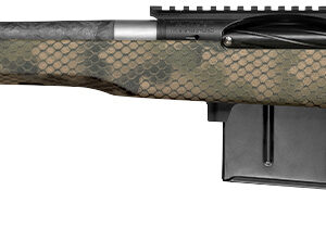 Camouflage bolt-action rifle with long barrel