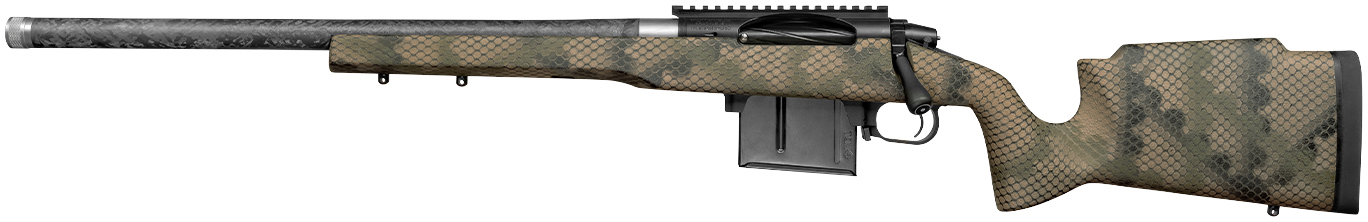Camouflage bolt-action rifle with long barrel