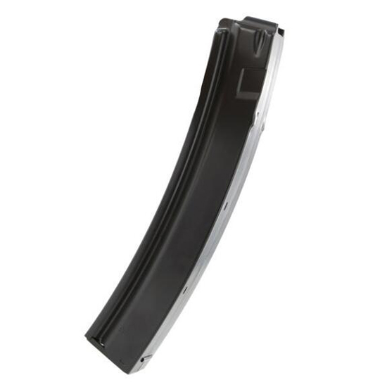 Curved black rifle magazine on white background