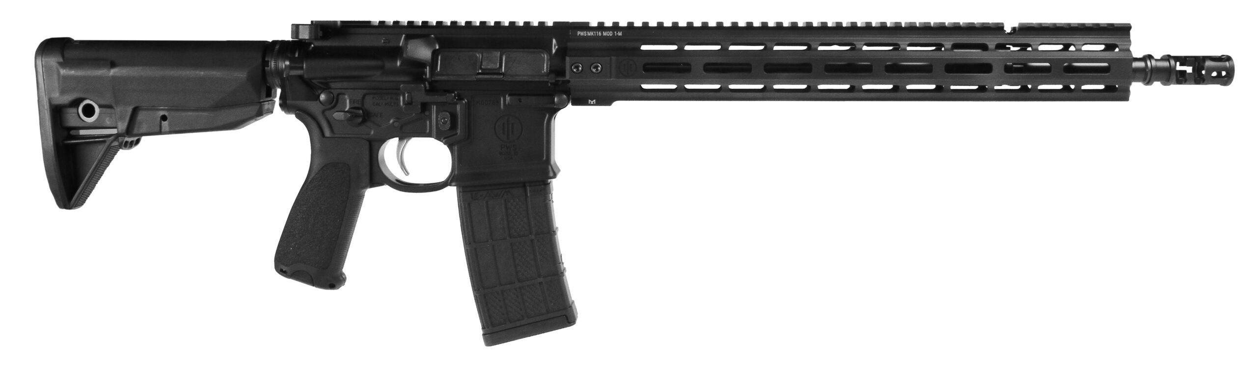Black AR-15 style rifle on white background