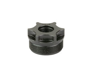 Black metal threaded locknut on white background