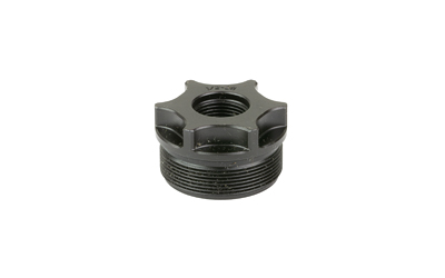 Black metal threaded locknut on white background