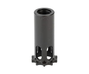 Black cylindrical muzzle brake with pronged base