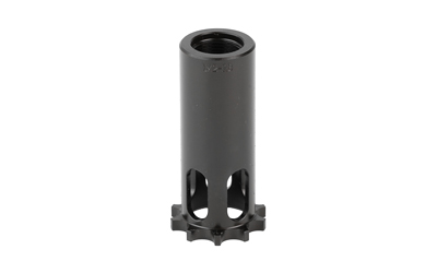 Black cylindrical muzzle brake with pronged base