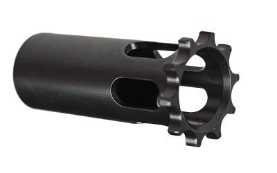 Black metal sprocket cylinder with side cutouts