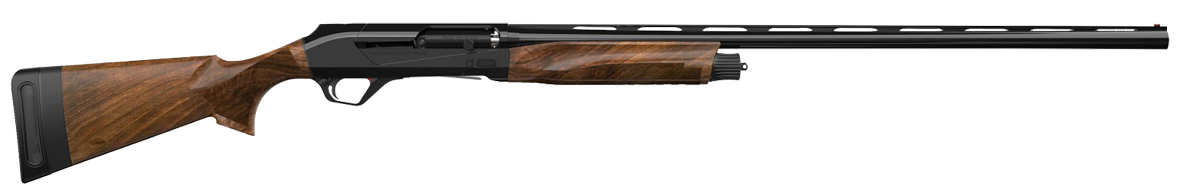 Semi-automatic shotgun with wooden stock and black barrel