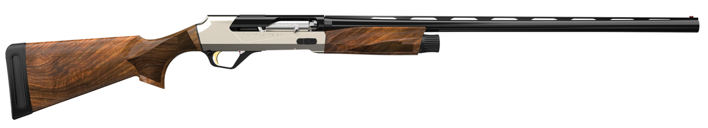 Semi-automatic shotgun with wooden stock and long barrel