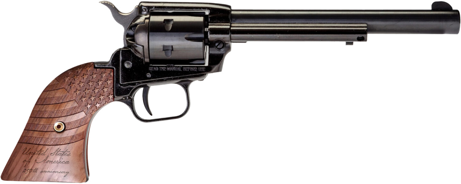 Black revolver with engraved wooden American flag grip