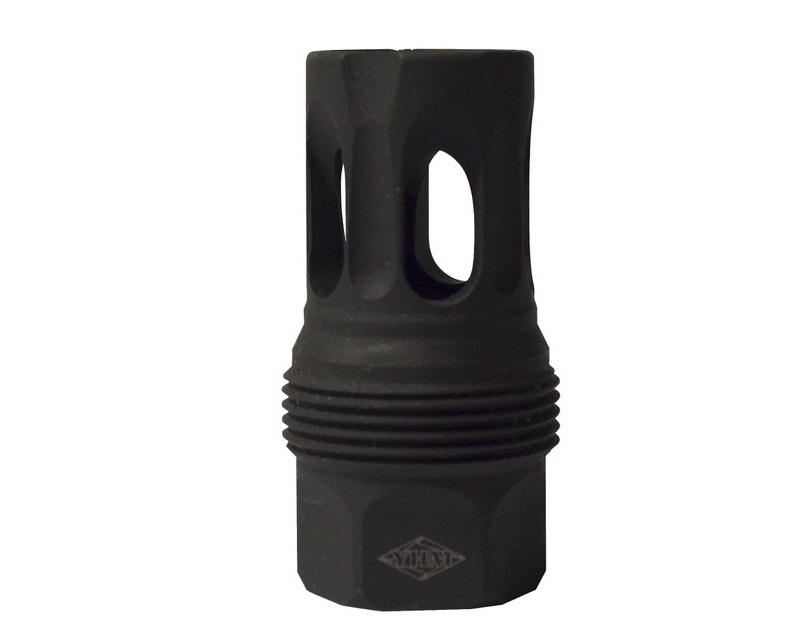 Black metal muzzle brake with side vents