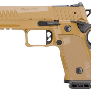 Tan semi-automatic pistol on white background