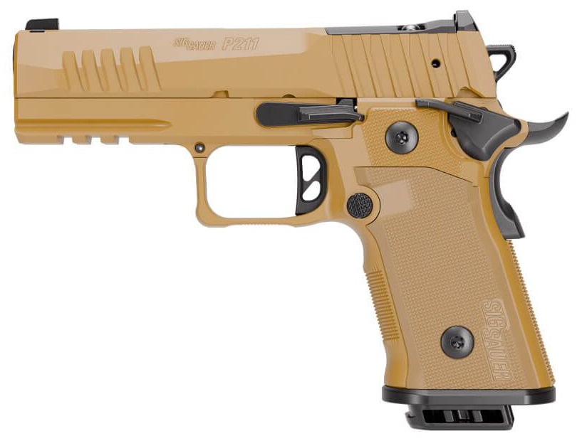 Tan semi-automatic pistol on white background