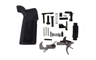 Disassembled firearm lower parts and pistol grip