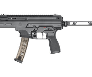 Modern compact rifle with extended stock and magazine