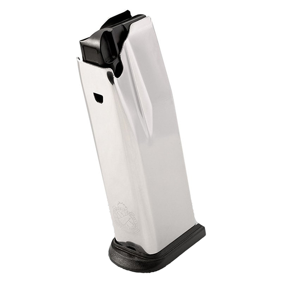 Stainless steel handgun magazine with black base