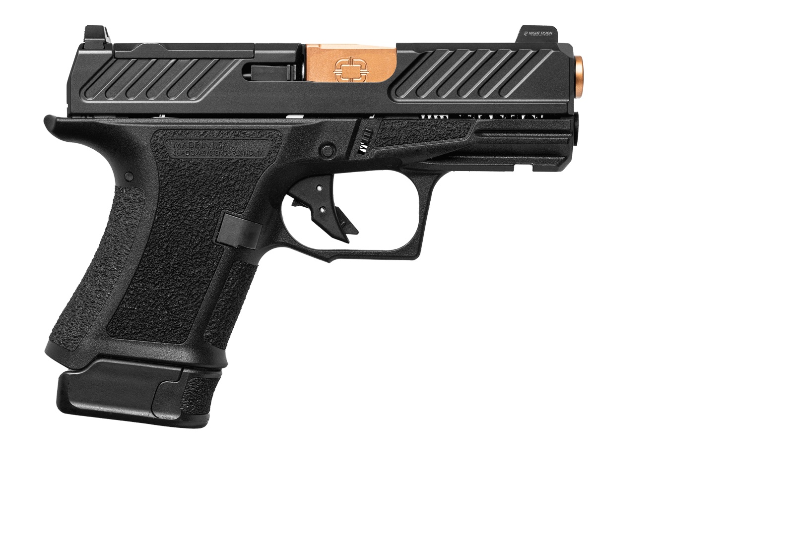 Black semi-automatic handgun on white background