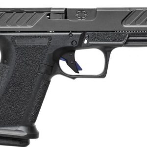 Black semi-automatic handgun on white background