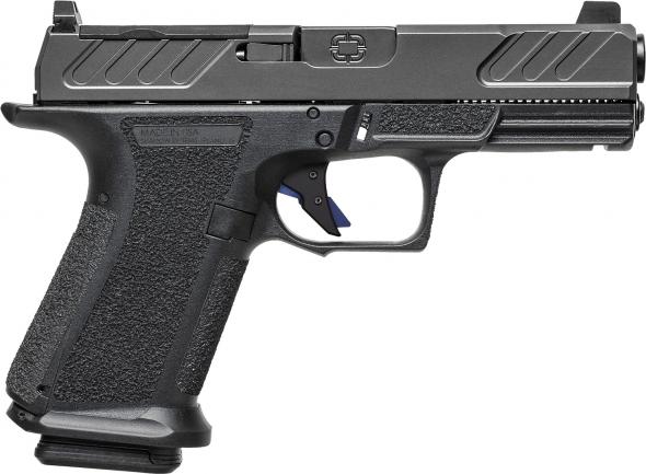 Black semi-automatic handgun on white background