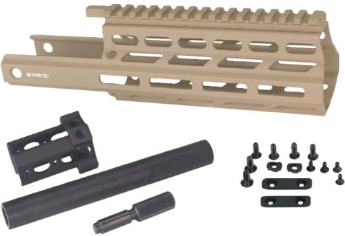 Tan rifle handguard with mounting hardware and tube