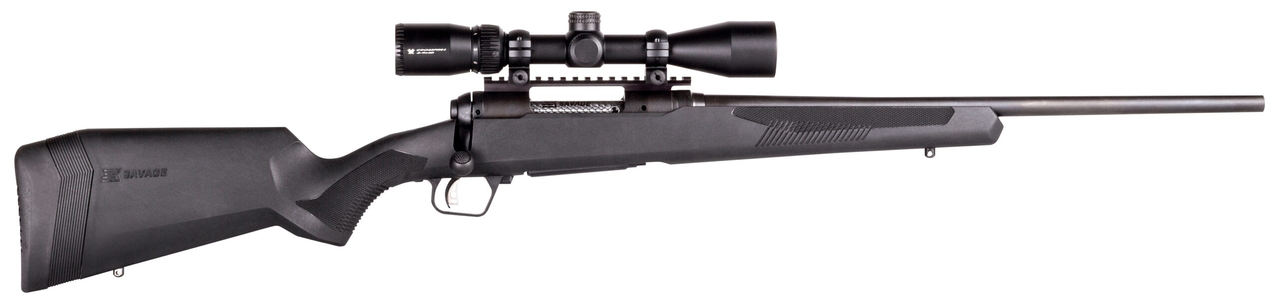 Bolt-action rifle with mounted scope on white background