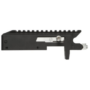 Black metal rifle upper receiver with rail